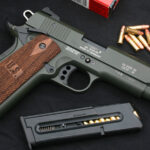 Handgun review photo: the SIG 1911-22 with an olive-drab finish, right side.