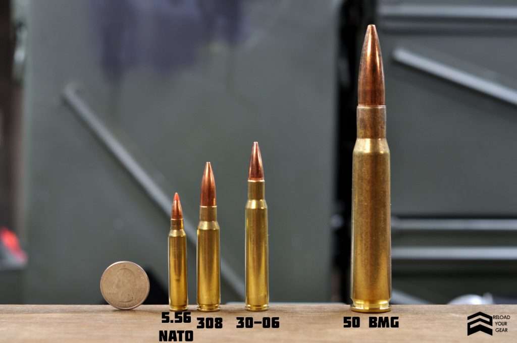 30-06 cartridge scaling comparison: 5.56 NATO vs 308 vs 30-06 vs 50 BMG