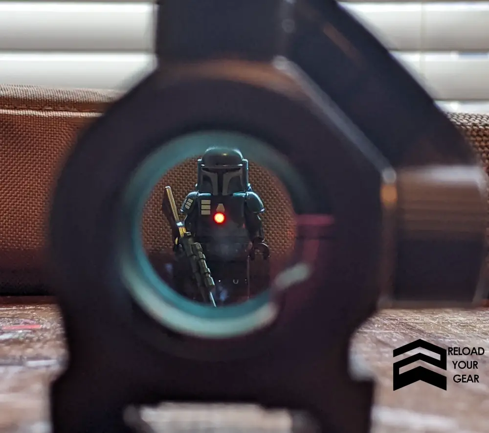 Bushnell TRS-25 red dot aiming at Lego Mandolorian